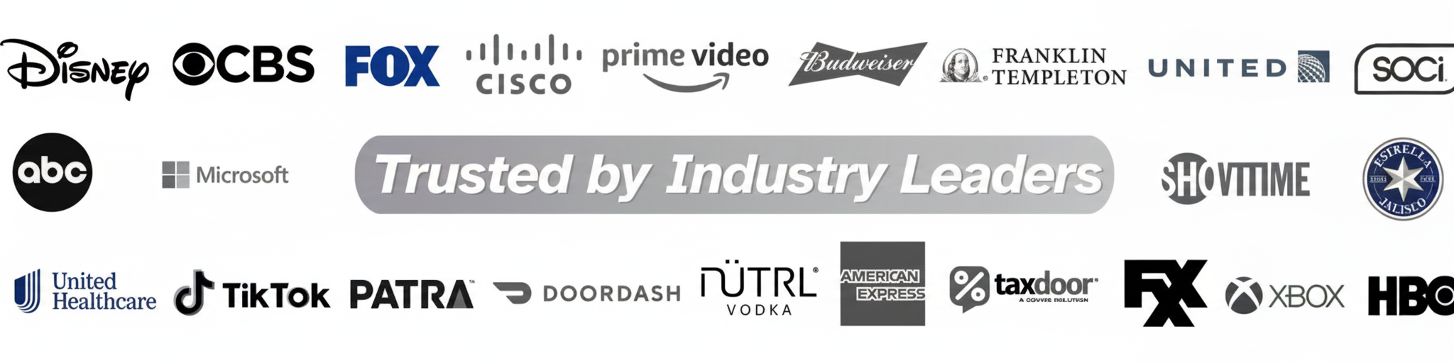 Trusted by industry leaders including Disney, CBS, FOX, Cisco, Amazon Prime Video, Budweiser, Microsoft, TikTok, DoorDash, HBO, Xbox, and more