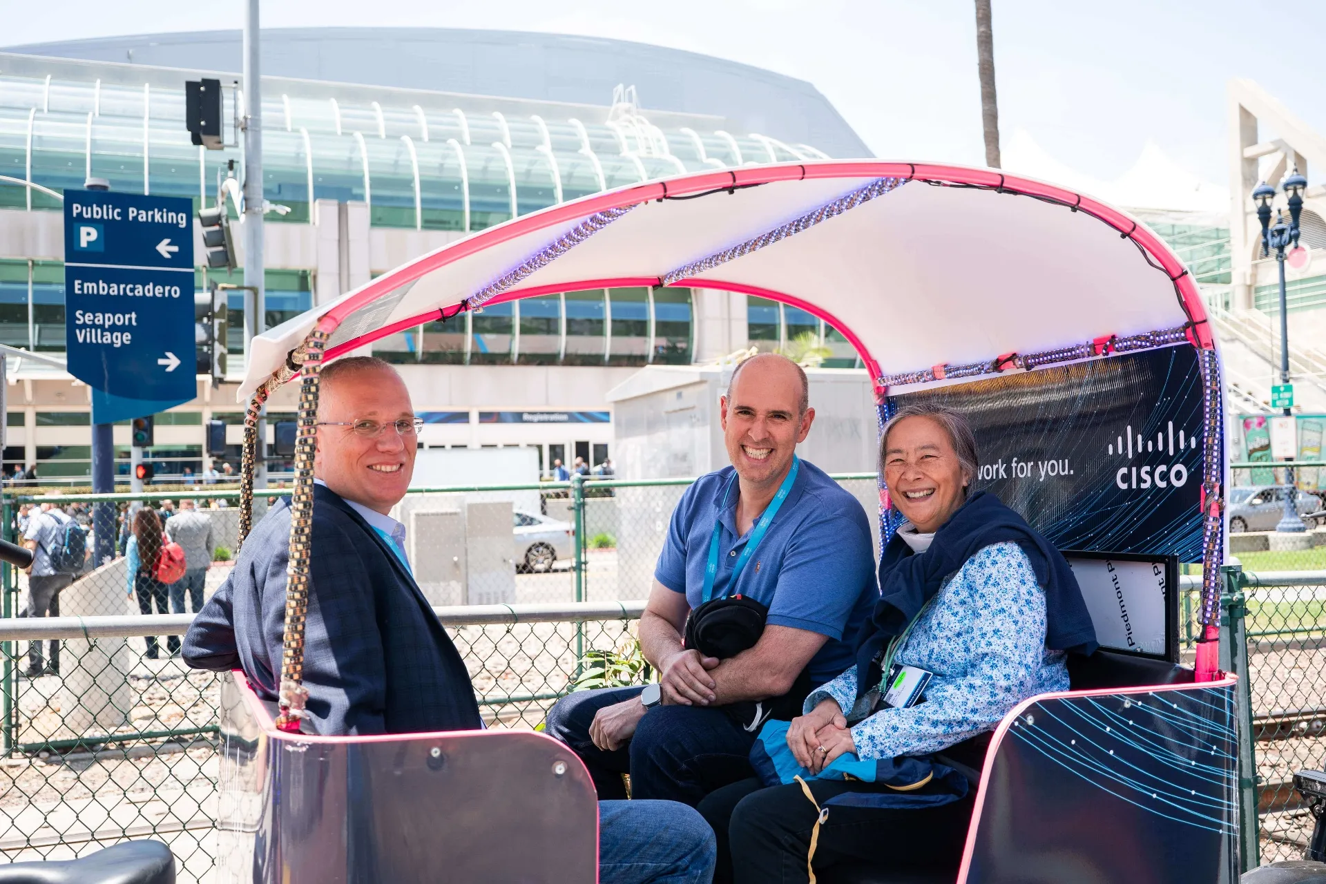 Decorated electric pedicab at a special event in downtown San Diego